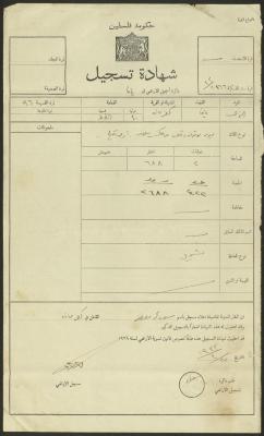 "شهادة تسجيل" صادرة عن دائرة تسجيل الأراضي لسعيد مصطفى،22 نيسان 1933
