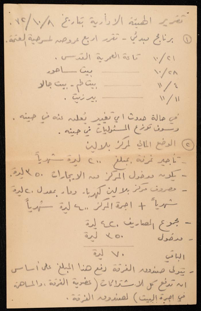 محضر اجتماع الهيئة الإدارية لفرقة بلالين المسرحية، رام الله، 8 تشرين الأول 1972