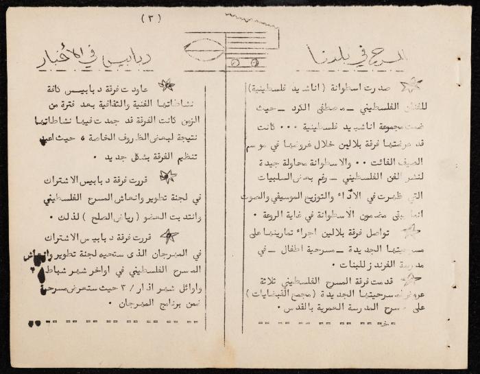 نشرة داخلية صادرة عن فرقة دبابيس للفنون المسرحية، البيرة، شباط 1975