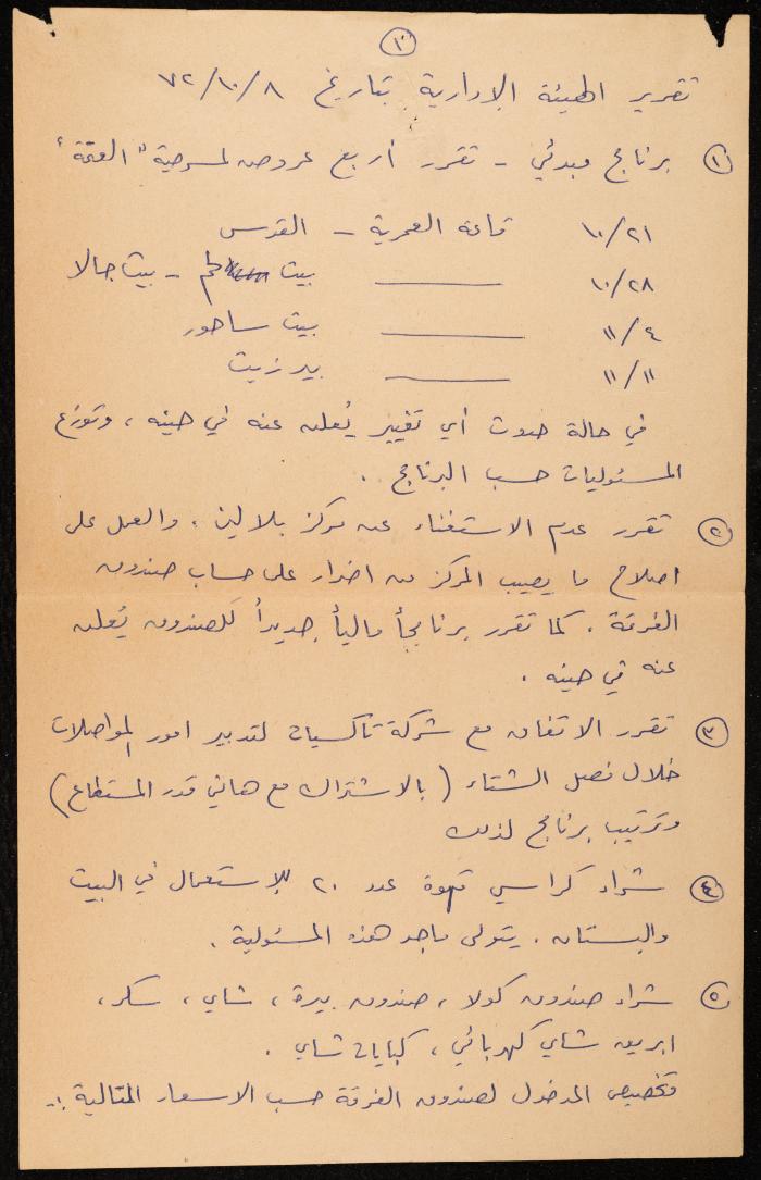 محضر اجتماع الهيئة الإدارية لفرقة بلالين المسرحية، رام الله، 8 تشرين الأول 1972