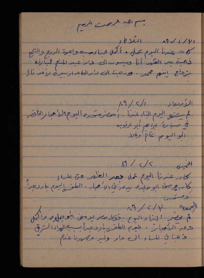 دفتر يوميات فضية الدرابيع، دورا- الخليل، 1989