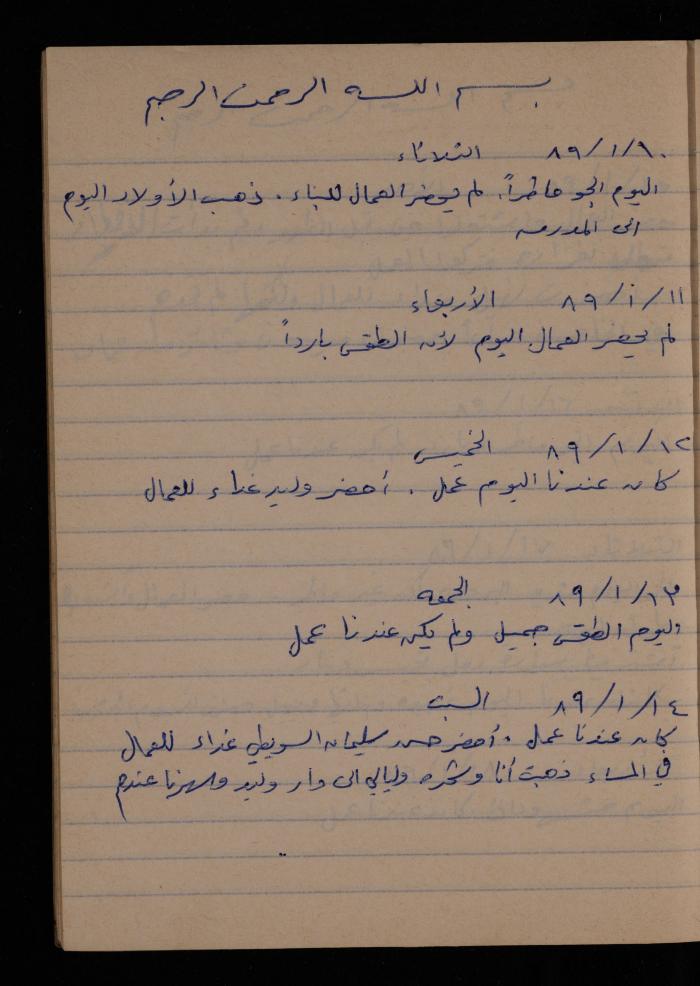 دفتر يوميات فضية الدرابيع، دورا- الخليل، 1989