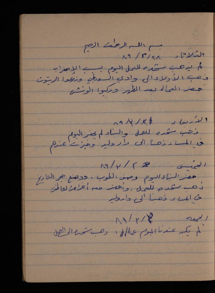 دفتر يوميات فضية الدرابيع، دورا- الخليل، 1989