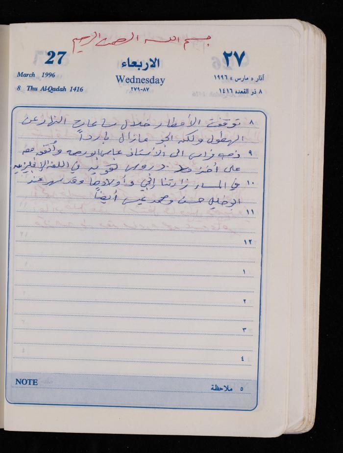 دفتر يوميات فضية الدرابيع، دورا- الخليل، 1996