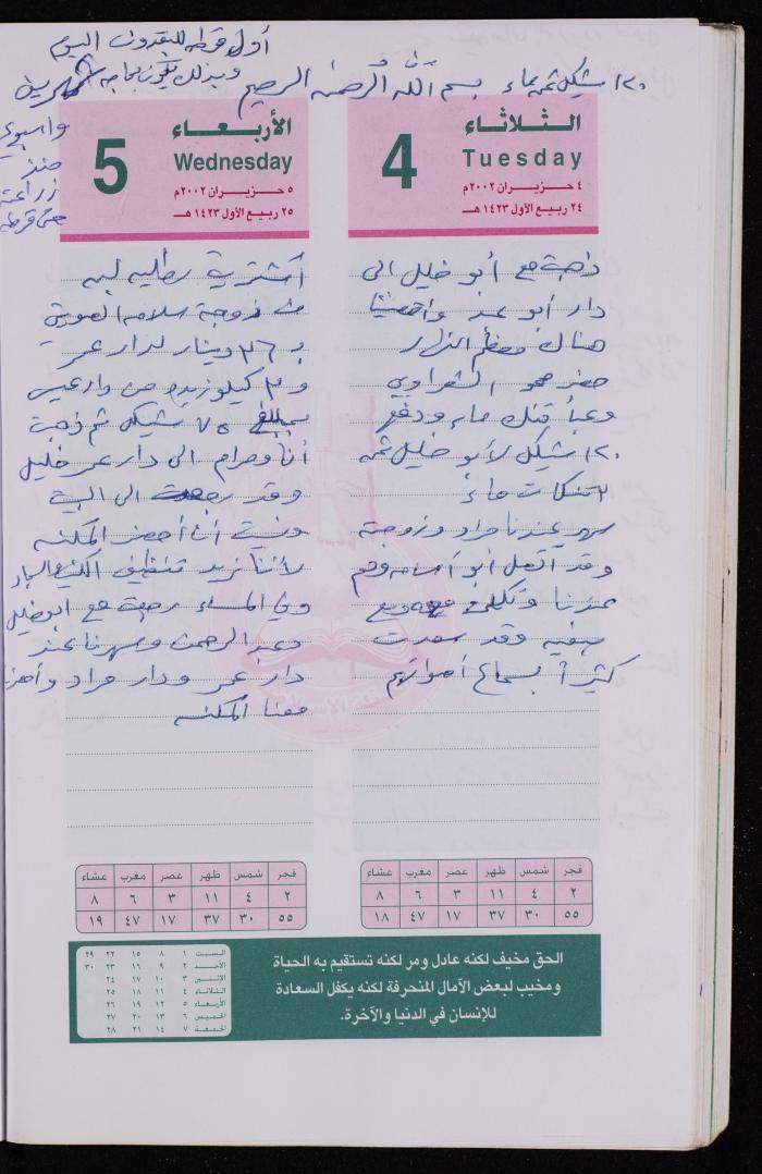 دفتر يوميات فضية الدرابيع، دورا- الخليل، 2002