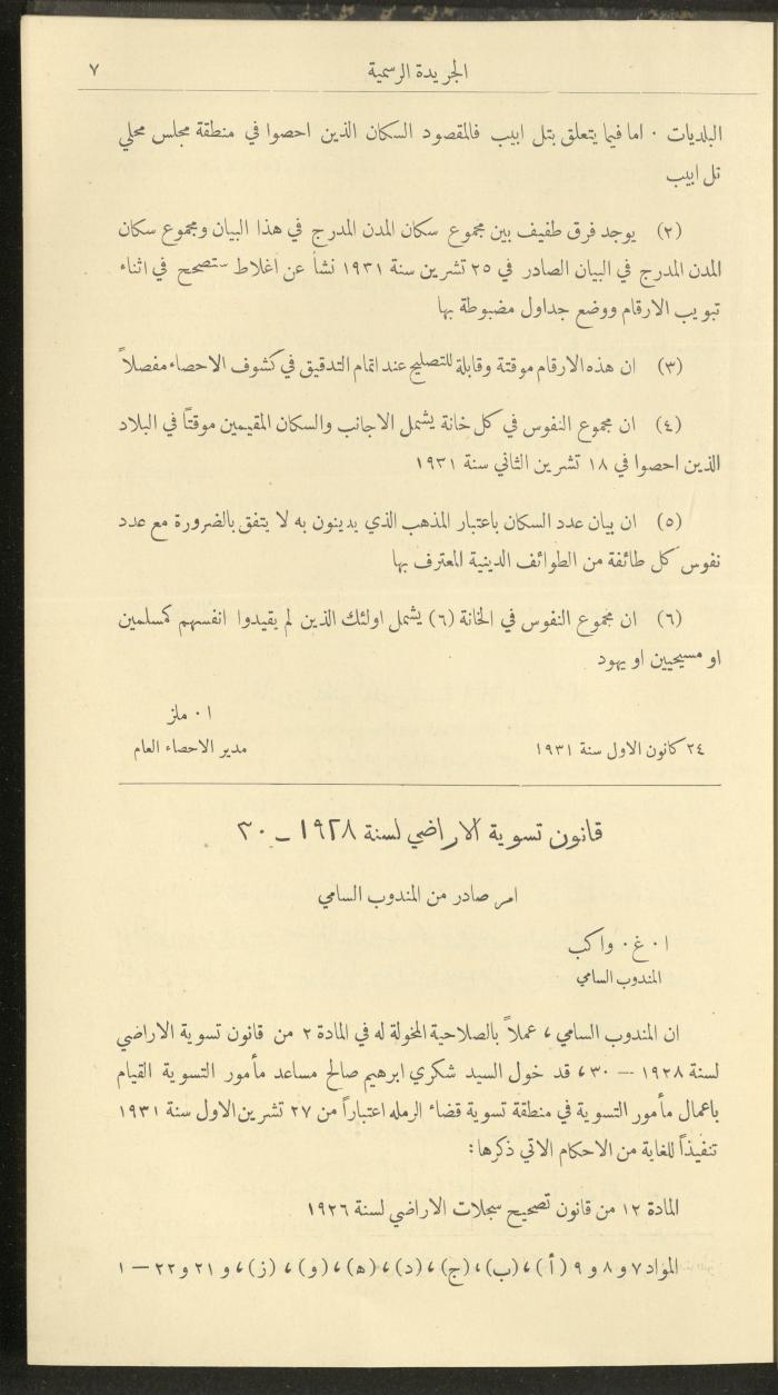 Issue No. 298 of the Official Palestine Newspaper, 1 January 1932