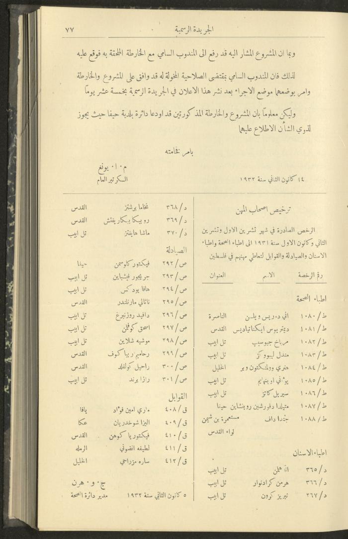 Issue No. 299 of the Official Palestine Newspaper, 16 January 1932