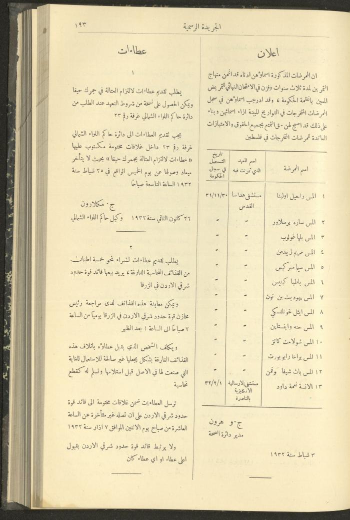 العدد 301 من جريدة حكومة فلسطين الرسمية، 16 شباط 1932