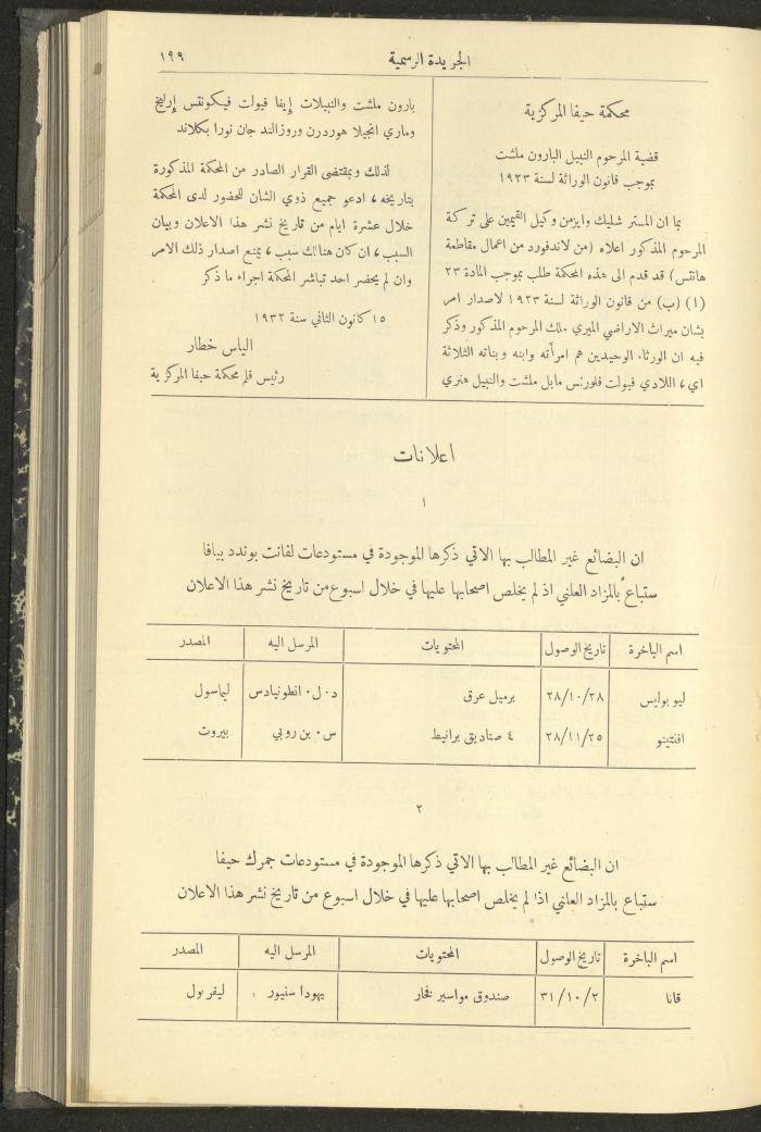 العدد 301 من جريدة حكومة فلسطين الرسمية، 16 شباط 1932