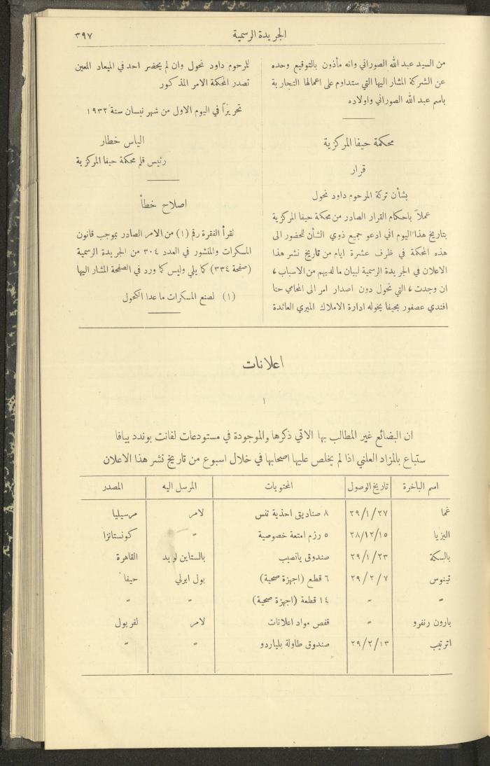 العدد 305 من جريدة حكومة فلسطين الرسمية، 16 نيسان 1932