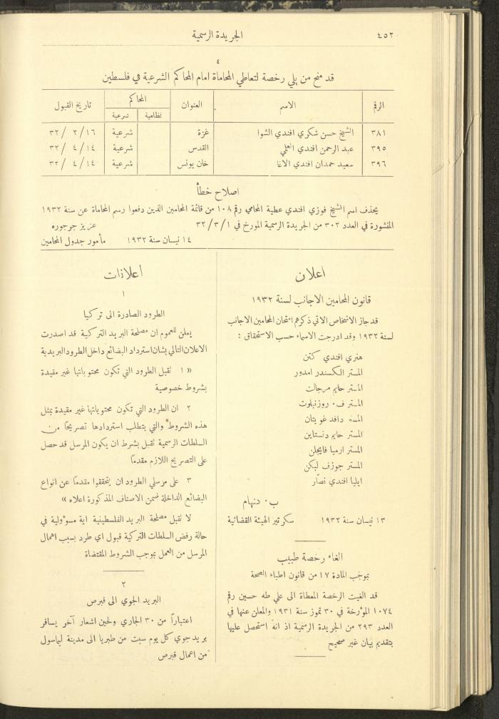 العدد 306 من جريدة حكومة فلسطين الرسمية، 1 أيار 1932