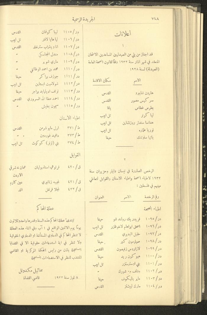 Issue No. 311 of the Official Palestine Newspaper, 16 July 1932