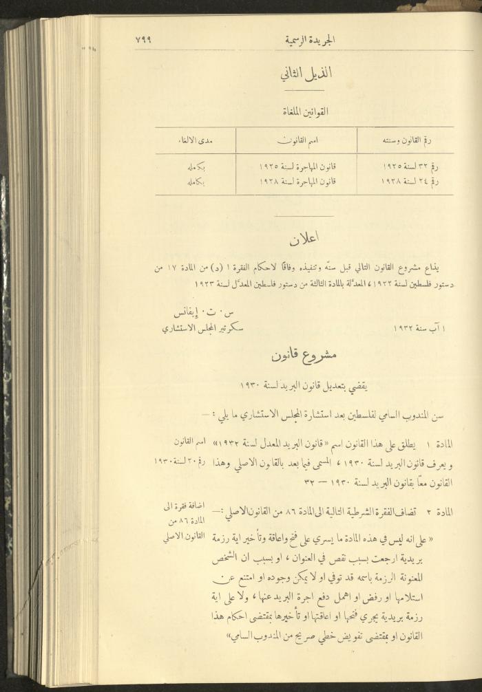 Issue No. 312 of the Official Palestine Newspaper, 1 August 1932