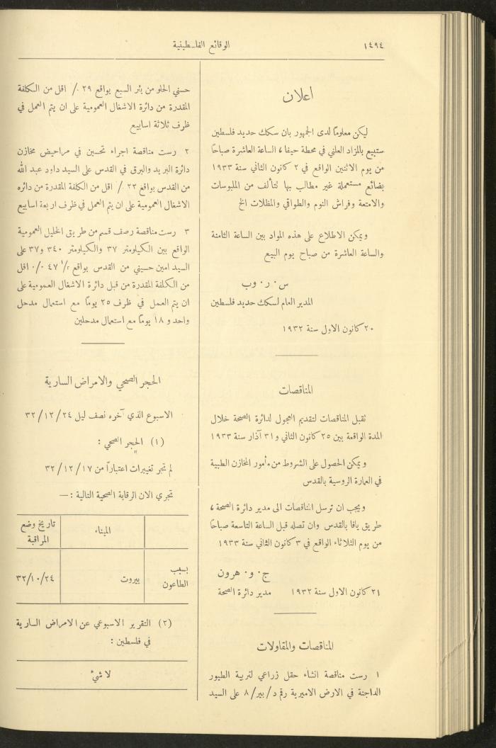Issue 334 of the Palestinian Chronicles, the Official Newspaper of the Government of Palestine, 29 December 1932