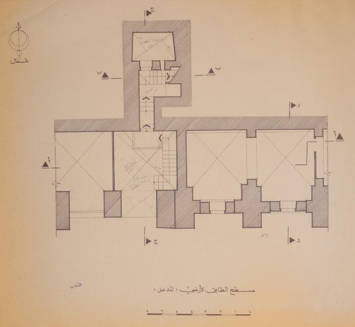 مخطط مسطح الطابق الأرضي لمنزل عائلة الدجاني- المدرسة الفارسية، القدس، تسعينيات القرن العشرين