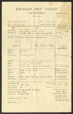 The School Certificate of Ismat Nuseibeh, Issued by the Jerusalem Girls College, February 1937