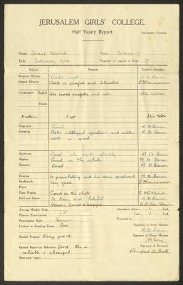 The School Certificate of Ismat Nuseibeh, Issued by the Jerusalem Girls College, February 1936