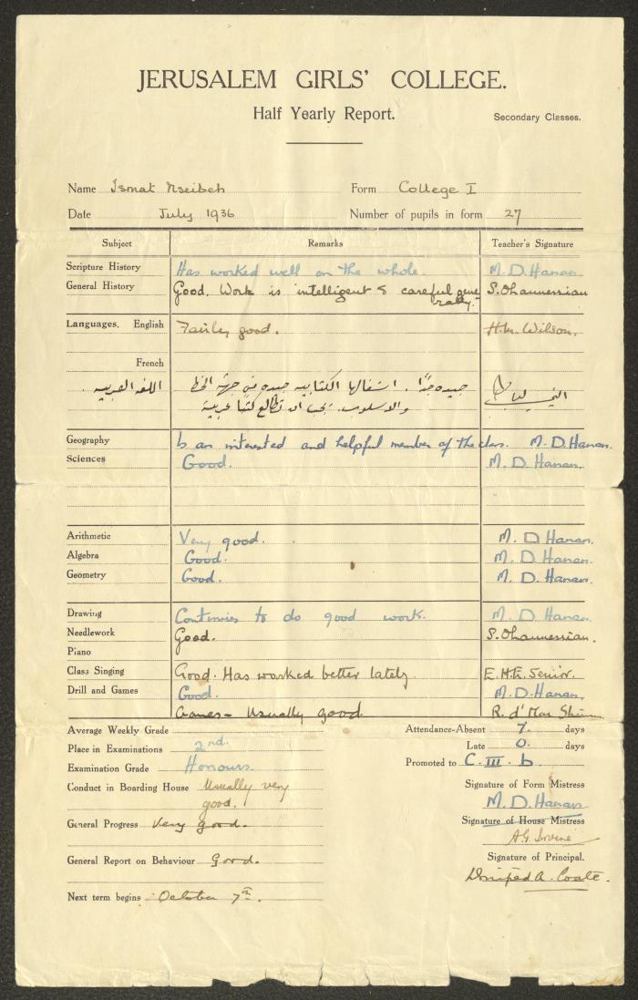 شهادة لعصمت نسيبة، صادرة عن كلية القدس للبنات، تموز 1936
