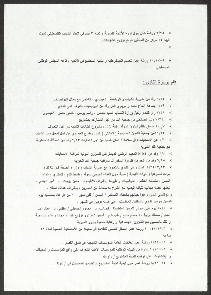 تقرير إداري صادر عن نادي المرأة الفلسطينية، نابلس، 2004-2005 