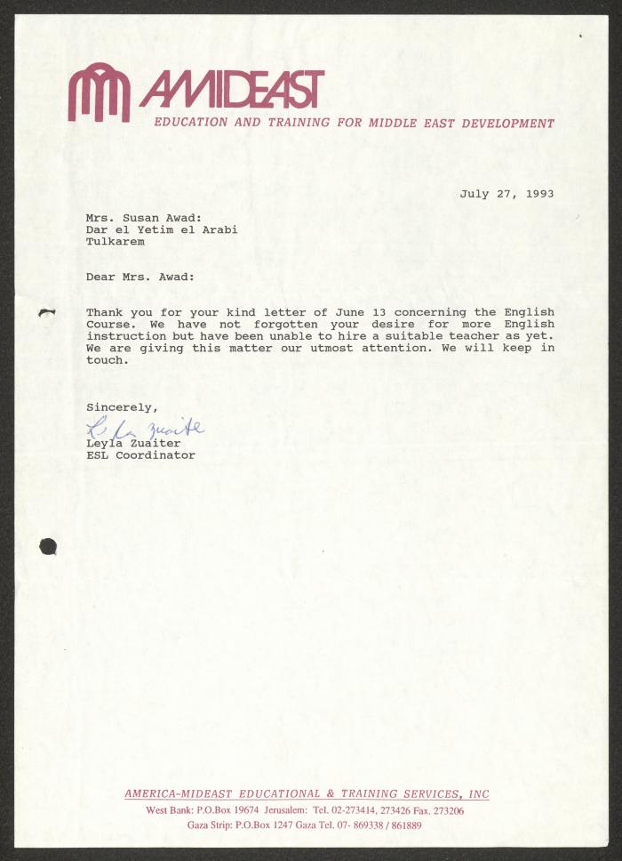 رسالة من ليلى زعيتر إلى  سوزان عواد، القدس، 27 تموز 1993
