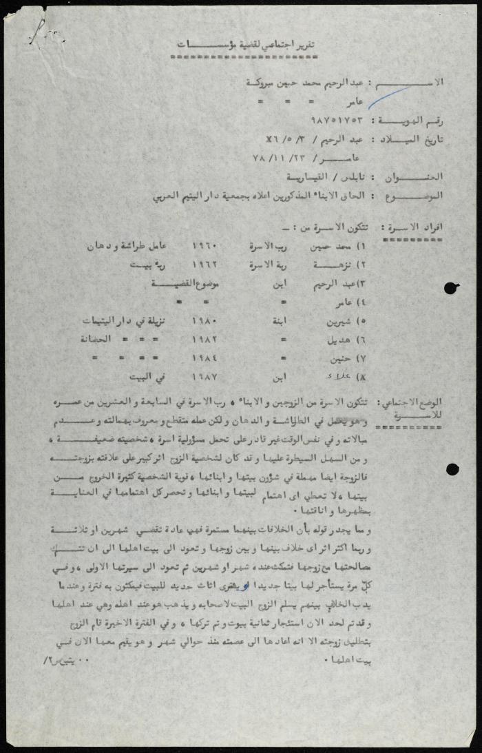 تقرير من غادة الشخشير إلى جمعية دار اليتيم العربي، طولكرم، 22 آب 1987
