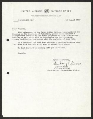 كتاب من أوبري نكومو إلى جمعية دار اليتيم العربي،  فيينا، 12 آب 1993