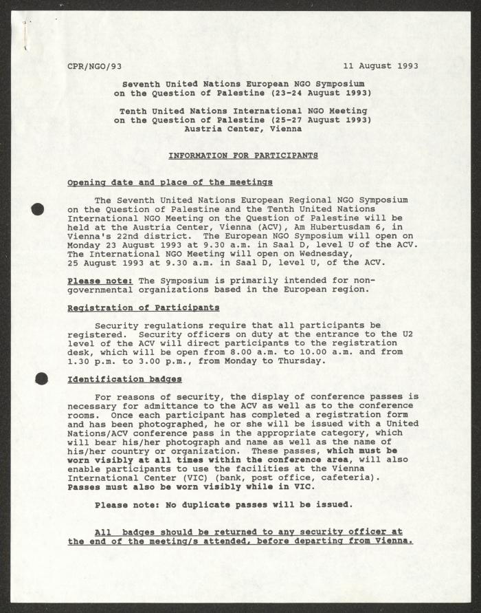 برنامج ندوة الأمم المتحدة السابعة واجتماعها العاشر للمنظمات غير الحكومية الأوروبية، فيينا، 1993