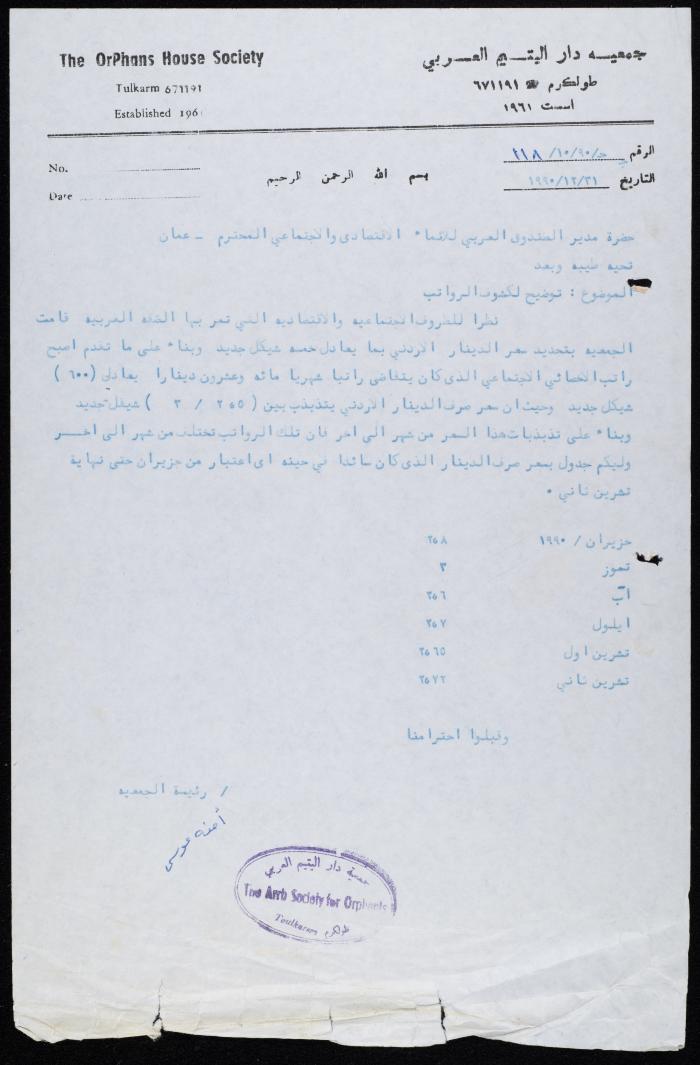  كتاب صادر عن جمعية دار اليتيم العربي إلى مدير الصندوق العربي، طولكرم، 1990