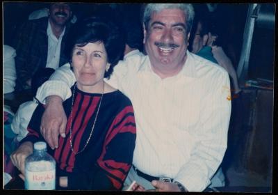 شكيب جهشان برفقة زوجته جورجيت، الناصرة، نهاية ثمانينيات القرن العشرين