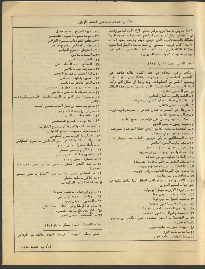 العدد السادس من مجلة الآداب، حزيران 1984