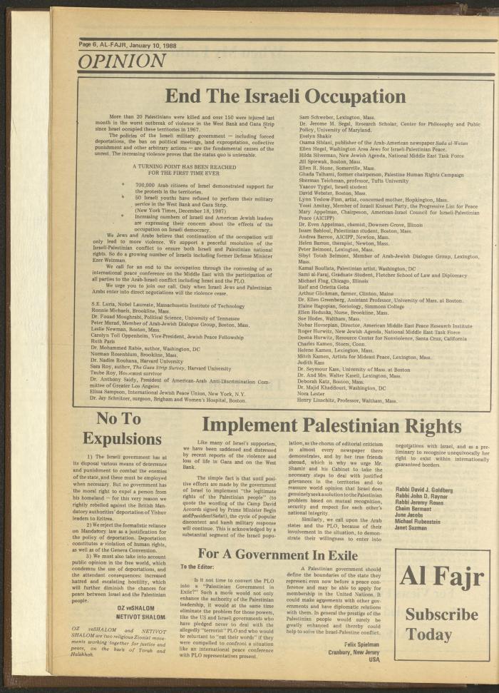 Issue 399 of al-Fajr Newspaper, 10 January 1988