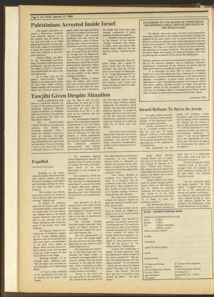 Issue 400 of al-Fajr Newspaper, 17 January 1988