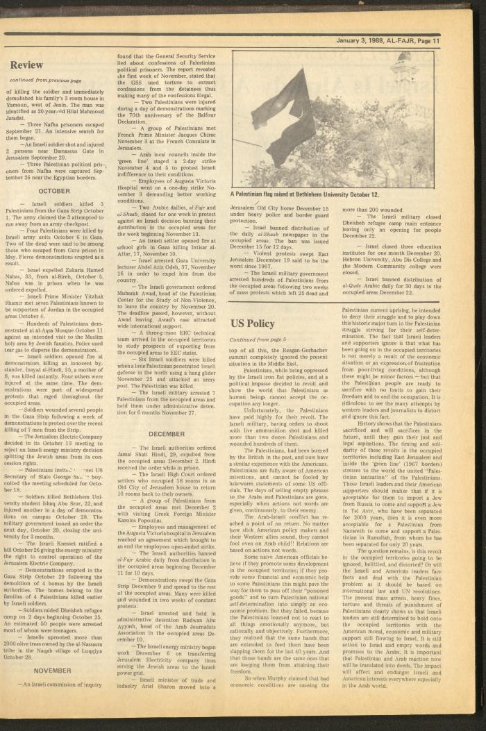 Issue 398 of al-Fajr Newspaper, 3 January 1988
