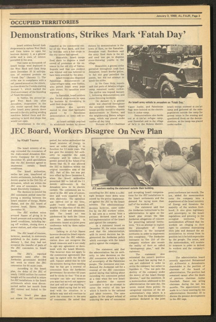 Issue 398 of al-Fajr Newspaper, 3 January 1988