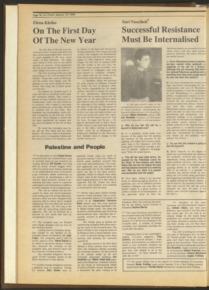 Issue 399 of al-Fajr Newspaper, 10 January 1988