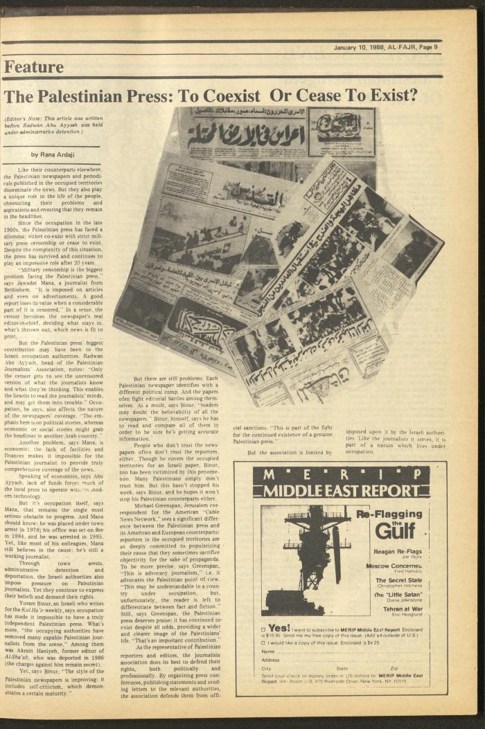 Issue 399 of al-Fajr Newspaper, 10 January 1988