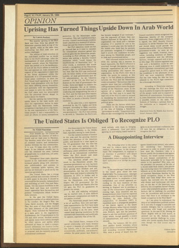 Issue 401 of al-Fajr Newspaper, 24 January 1988