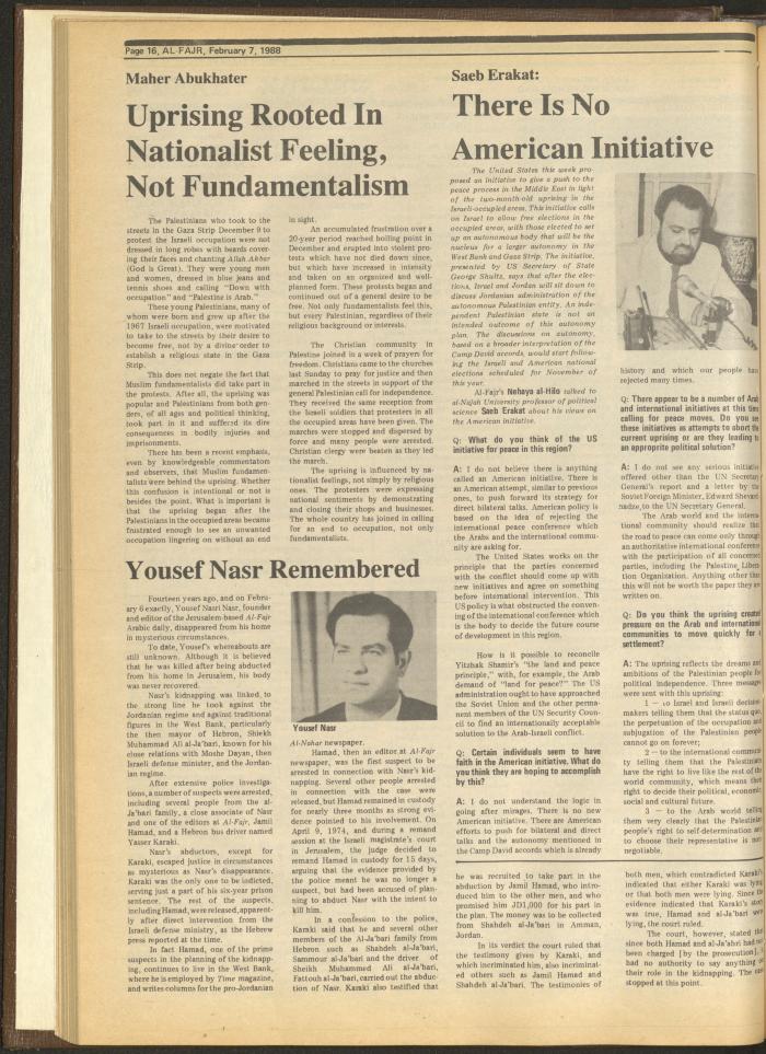 العدد 403 من جريدة الفجر، 7 شباط 1988