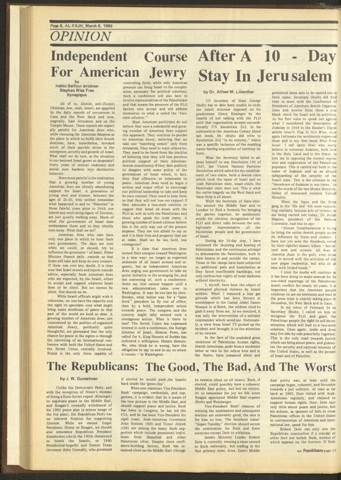 Issue 407 of al-Fajr Newspaper, 6 March 1988
