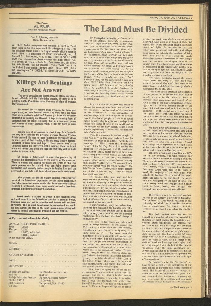 Issue 401 of al-Fajr Newspaper, 24 January 1988