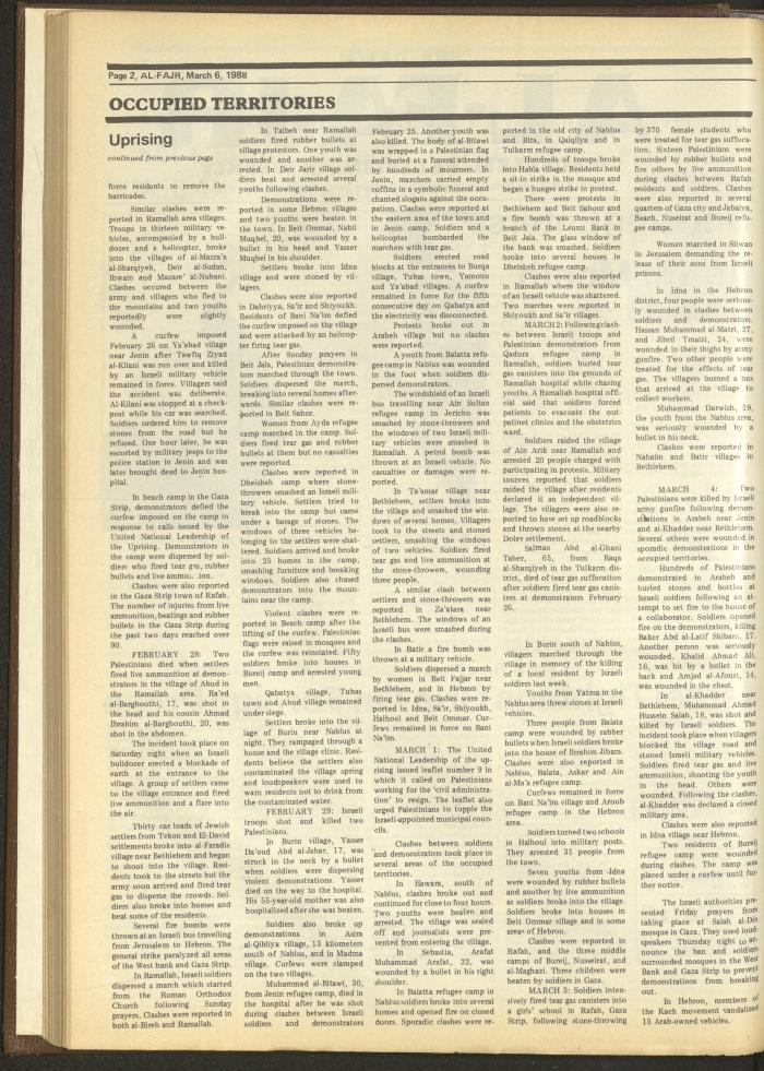 Issue 407 of al-Fajr Newspaper, 6 March 1988