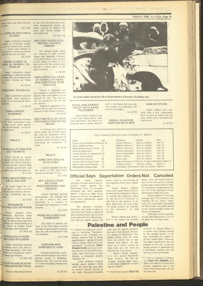 Issue 407 of al-Fajr Newspaper, 6 March 1988