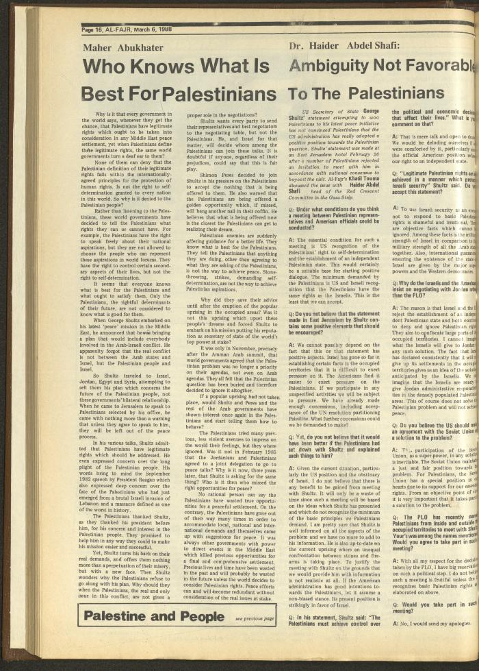Issue 407 of al-Fajr Newspaper, 6 March 1988