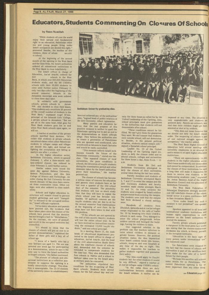 Issue 410 of al-Fajr Newspaper, 27 March 1988