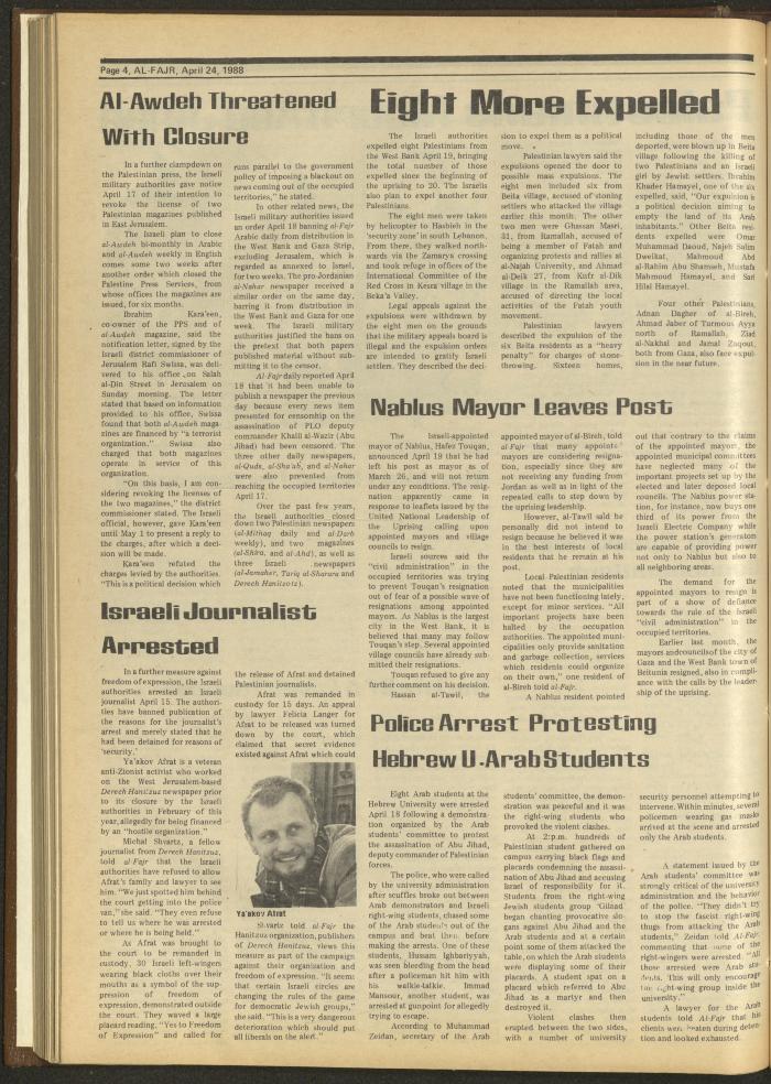 العدد 414 من جريدة الفجر، 24 نيسان 1988