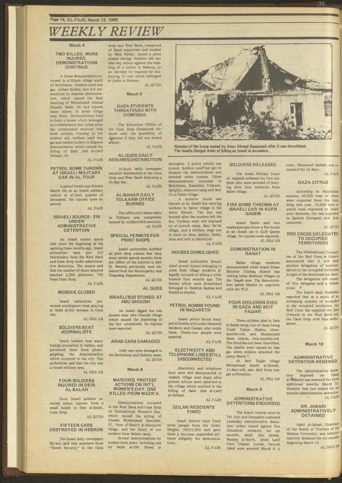 العدد 408 من جريدة الفجر، 13 آذار 1988