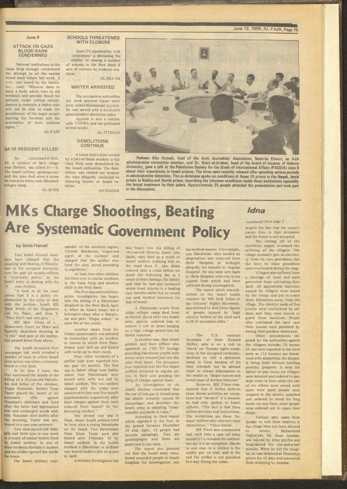 العدد 421 من جريدة الفجر، 12 حزيران 1988