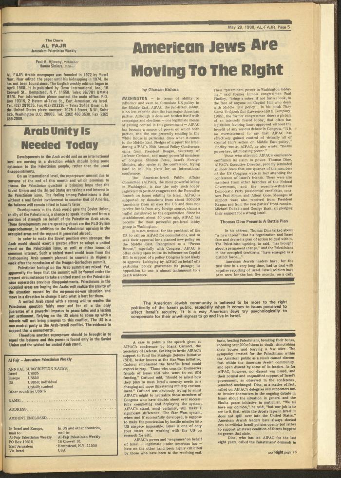 Issue 419 of al-Fajr Newspaper, 29 May 1988