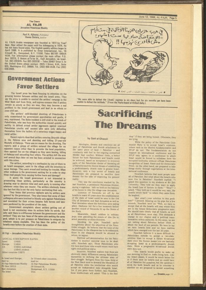 العدد 421 من جريدة الفجر، 12 حزيران 1988