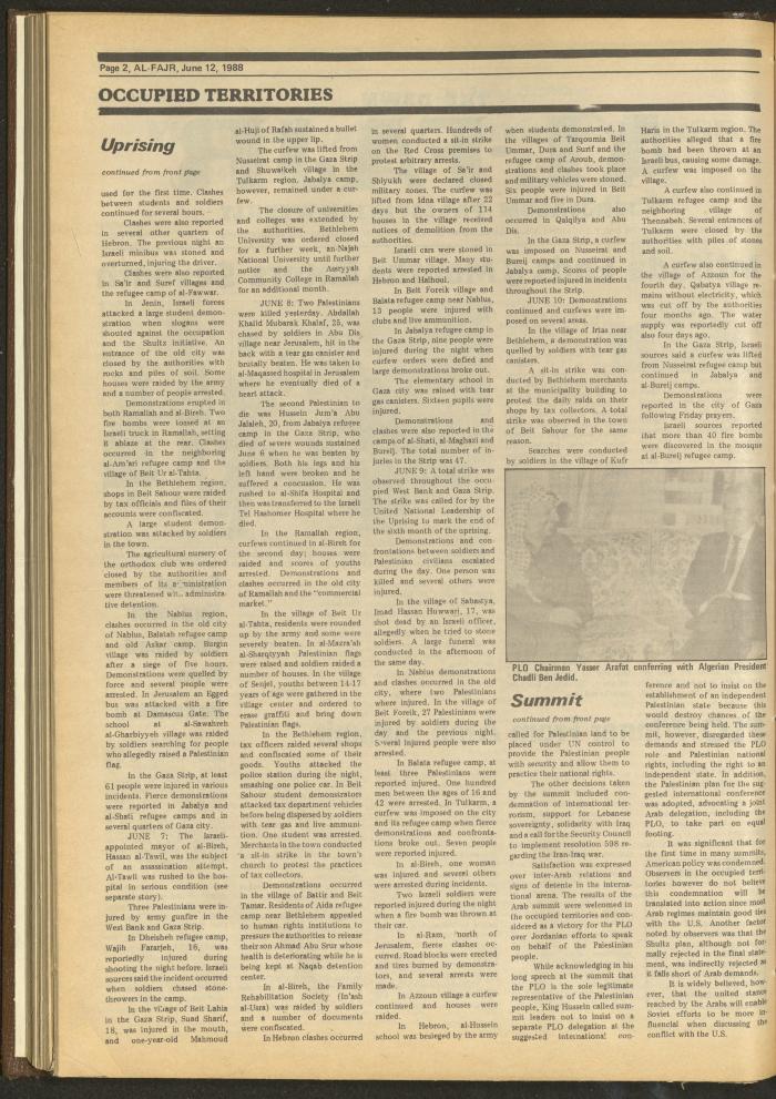 العدد 421 من جريدة الفجر، 12 حزيران 1988